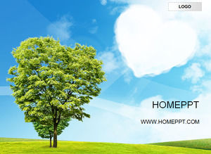 Blue Sky White Cloud Green Tree Natural Style PPT Szablon