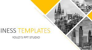 Template PPT gaya Eropa dan Amerika untuk desain tata letak gambar kuning dan abu-abu