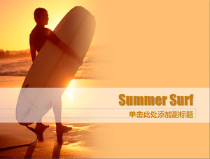 Golden beach background with summer surfing slide template