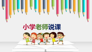 Mutlu küçük arkadaşlar okula gidiyor - renkli kalemler Açılan kitaplar, yaratıcı ilkokul öğretmenleri, sınıf öğretim kursları