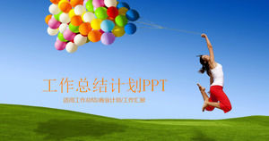 Jumping girl background slide template on blue sky and white clouds meadow