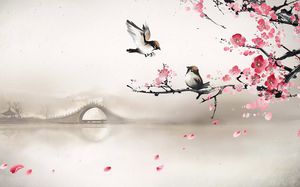 Pfirsichblüten-Vogel-Bogen-klassische PPT-Abbildung