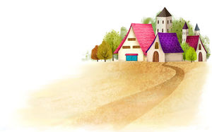 Red tile green tree house cartoon PPT background picture