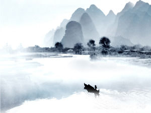 Zwei blau grau Chinese Wind PPT Hintergrundbild